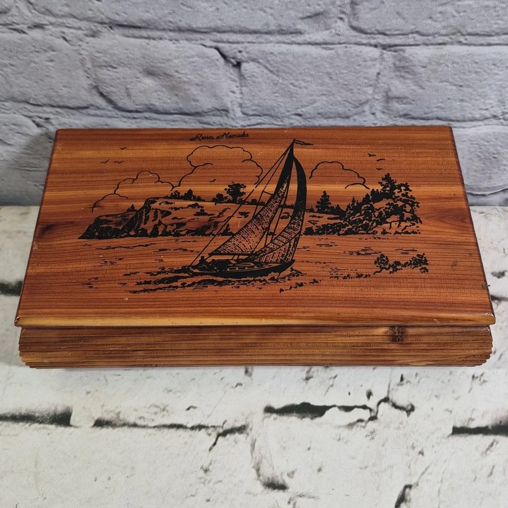 Vintage Cedar Wood Keepsake Trinket Box Sailboat Scene‎ Reno Nevada